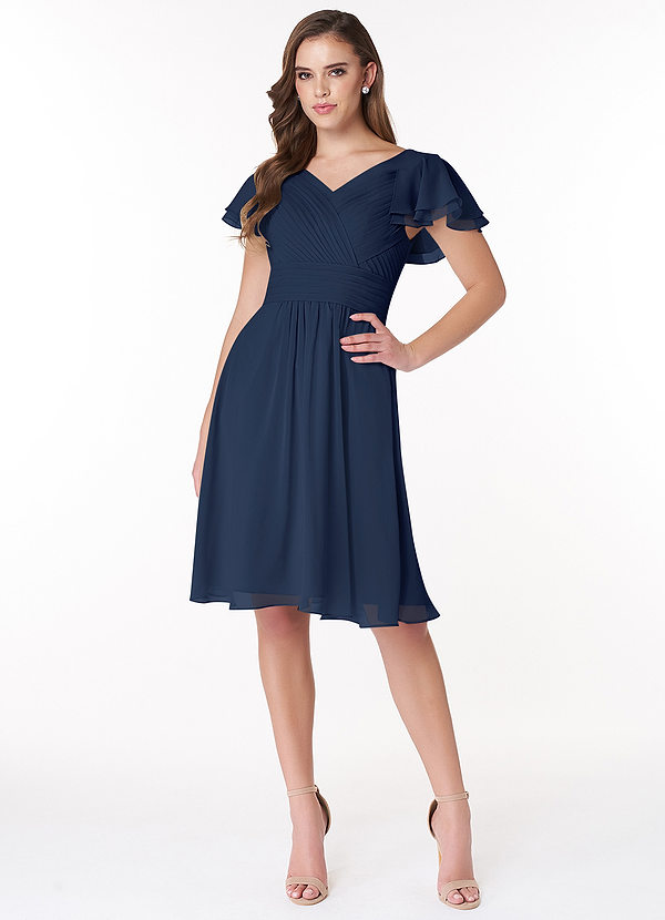 Azazie Hadley Modest Bridesmaid Dresses A-Line Pleated Chiffon Knee-Length Dress image1