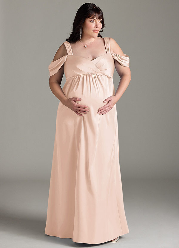Azazie Rhea Robe demoiselle d'honneur enceinte Robe Trapèze Épaule nue plissée Longueur ras du sol Satin extensible image1