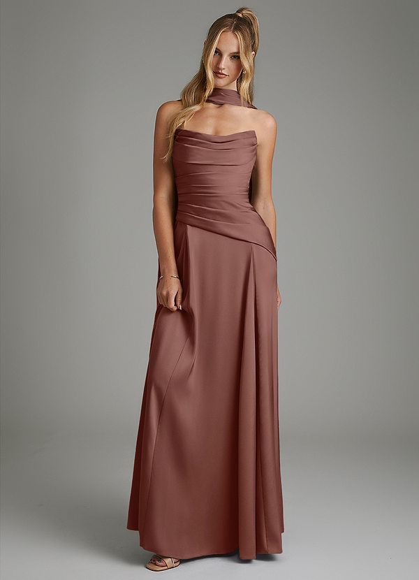 Azazie Gabriela Bridesmaid Dresses Espresso A-Line Corset Stretch Satin Dress image1