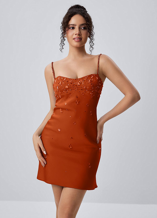 Lindrosa Rost Minikleid aus Satin mit Strasssteinen, Perlen und Paillettenstickerei image1