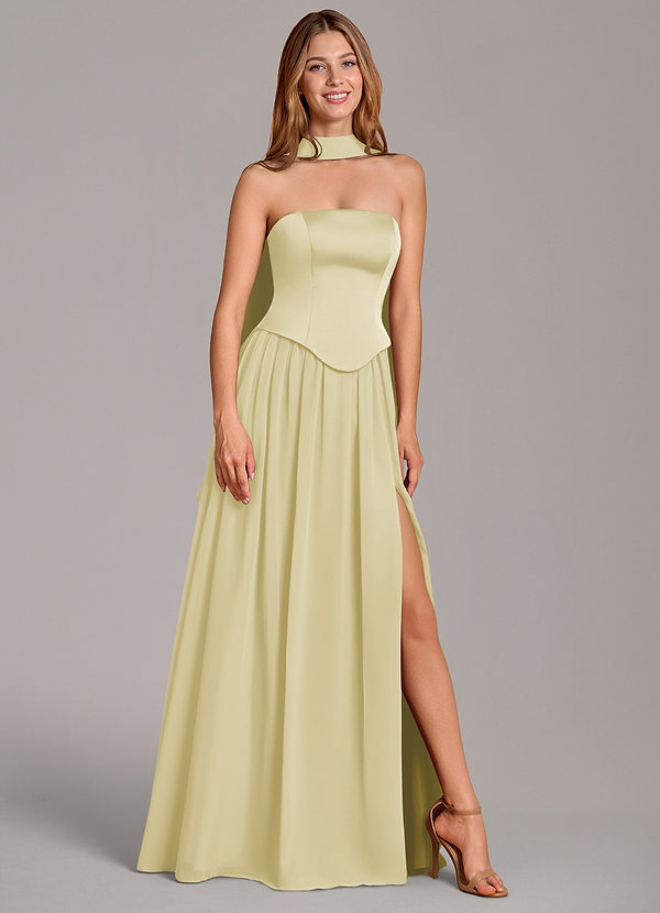 Azazie Cadence Bridesmaid Dresses Lemon Sorbet A-Line Corset Stretch Satin Convertible Dress image1