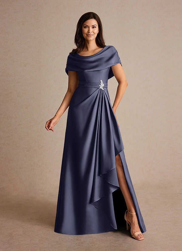 Azazie Branford Robes de mère de la mariée Robe Trapèze en Satin extensible Plissé Bleu Orageux image1