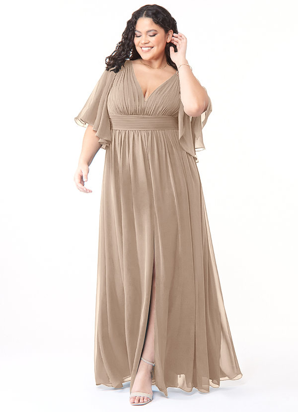 Azazie Temeka Robes Demoiselle d'honneur Robe Trapèze en Mousseline de soie Rayé Taupe image1
