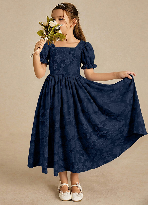 Azazie Joss Flower Girl Dresses Dark Navy A-Line with Sleeves Floral Burnout Dress image1