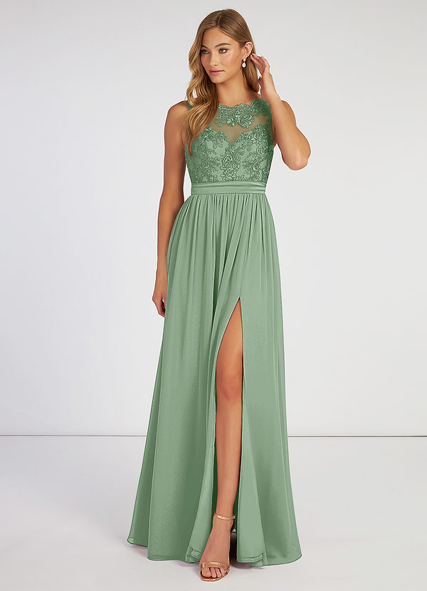 Azazie Elly Bridesmaid Dresses A-Linie Spitze V-Hals Chiffon Kleid Matcha image1