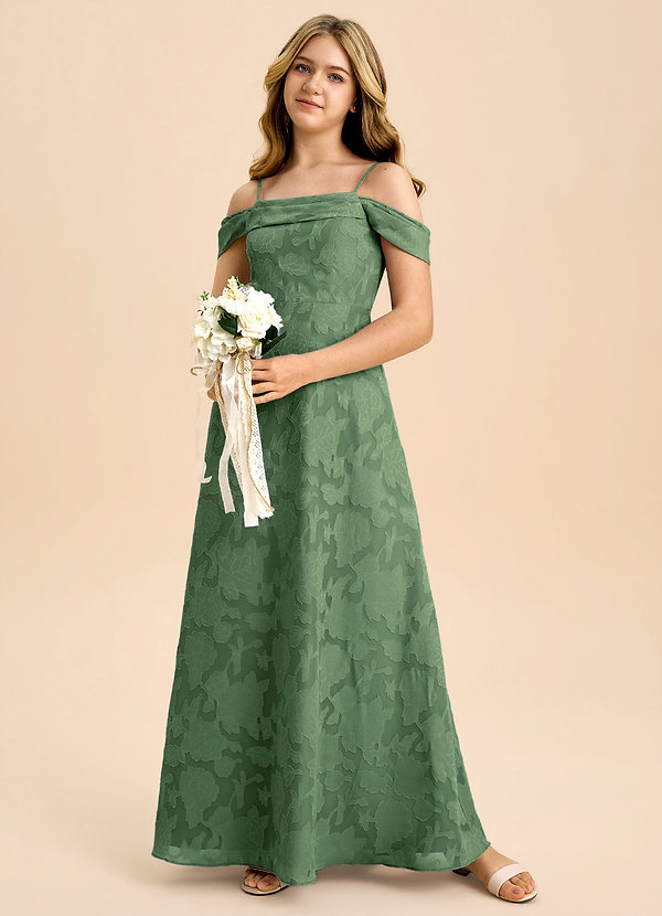 Azazie Anselie Junior A-Linie Schulterfrei Blumen-Burnout Kleid Eukalyptus image1