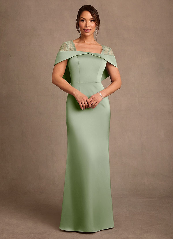 Azazie Henrieta Vestidos de Madre de la Novia Vestido de Salvia Polvorienta de Satén Elástico de Corte Recto con Encaje image1