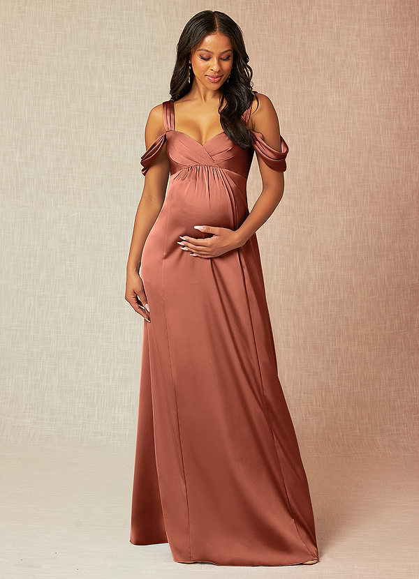 Azazie Rhea Maternity Bridesmaid Dresses A-Line Off-The-Shouler Pleated Stretch Satin Floor-Length Dress image1