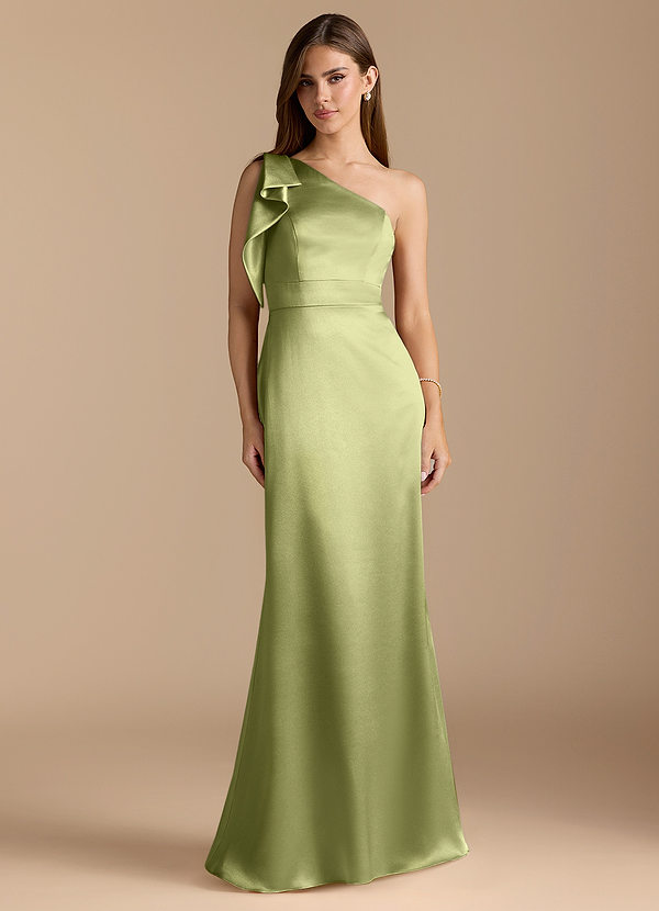 Azazie Rinna Bridesmaid Dresses Pistachio Mermaid Ruched Metallic Satin Dress image1