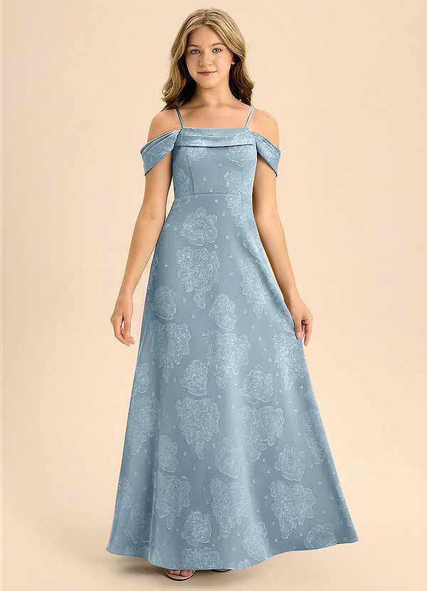 Azazie Anselie Junior Formal Vestido de Azul Polvo Crepuscular de Devorado Floral de Corte en A con Vestidos sin tirantes image1