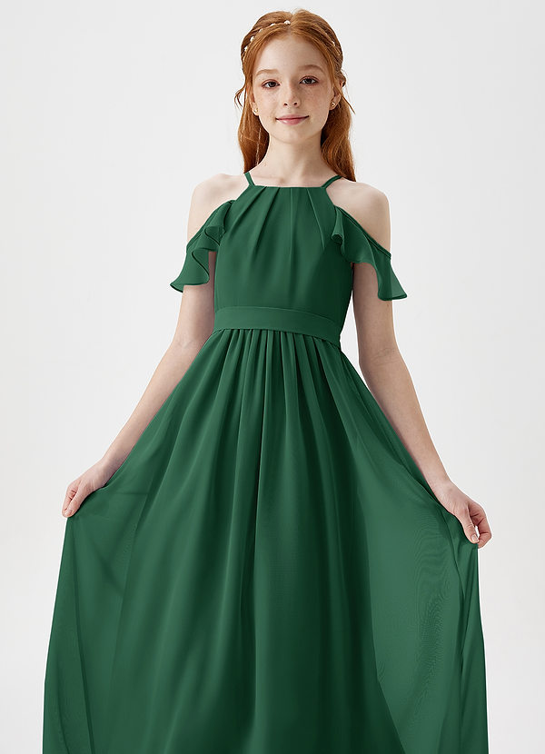 Azazie Chaya Junior Dark Green A-Line Off the Shoulder Chiffon Dress image1