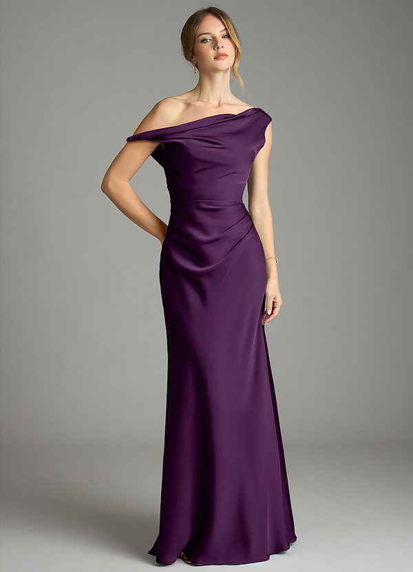 Azazie Emerson Bridesmaid Dresses Grape Mermaid Off the Shoulder Stretch Satin Dress image1