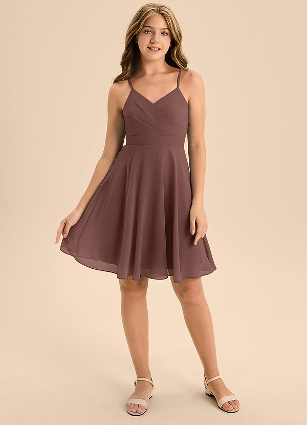 Azazie Avelina Junior Espresso A-Line Pleated Chiffon Dress image1