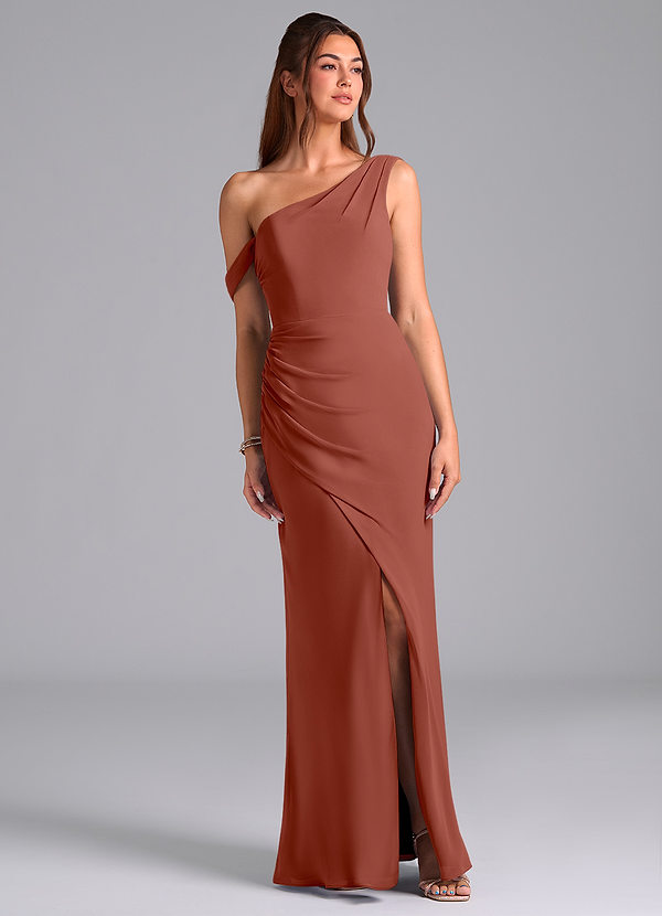Azazie Madelyn Bridesmaid Dresses Auburn Mermaid Off the Shoulder Chiffon Convertible Dress image1