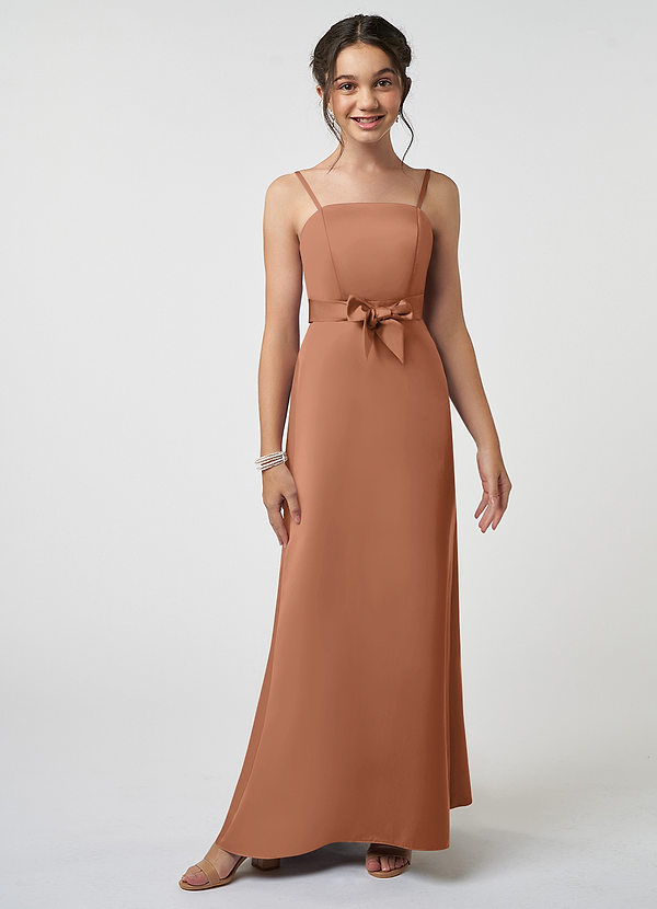 Azazie Anina Junior Robe Trapèze en Satin extensible Arc Bronze image1