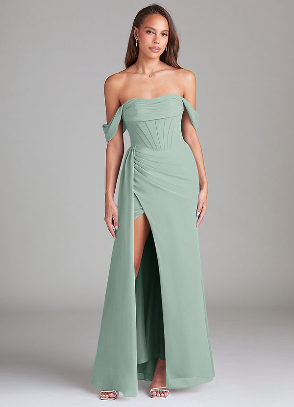 Azazie Amyra Bridesmaid Dresses Agave Sheath Off the Shoulder Chiffon Convertible Dress image1