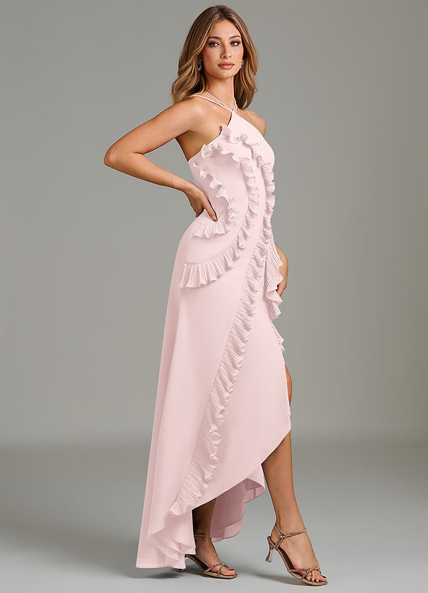 Azazie Yelena Bridesmaid Dresses Blushing Pink A-Line Ruched Chiffon Dress image1