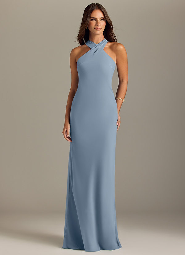 Azazie Doretta Bridesmaid Dresses Dusty Blue Mermaid Pleated Chiffon Dress image1