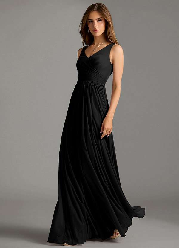 Azazie Keyla Bridesmaid Dresses Black A-Line Pleated Mesh Dress image1