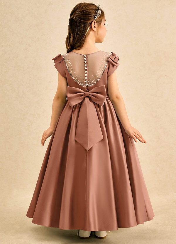 Azazie Toffee Abiti da Damigella Bambina Abito Stile Principessa in Raso Opaco Fiocco Bronzo image1