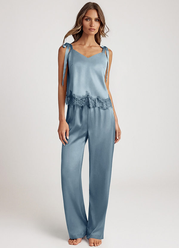 front Dusty Blue Lace Trim Satin Cami & Wide Leg Long Pants Pajama Set
