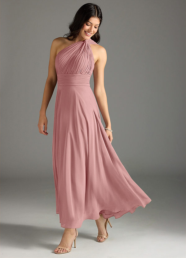 Azazie Charlize 신부 들러리 드레스 A라인 한쪽 어깨 쉬폰 발목 길이 드레스 image1