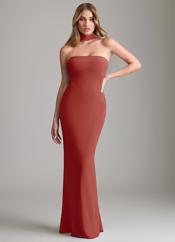 Azazie Lusinda Brudtärneklänningar Klä av Sjöjungfru i Chiffong Av axeln Terrakotta Konvertibel image1