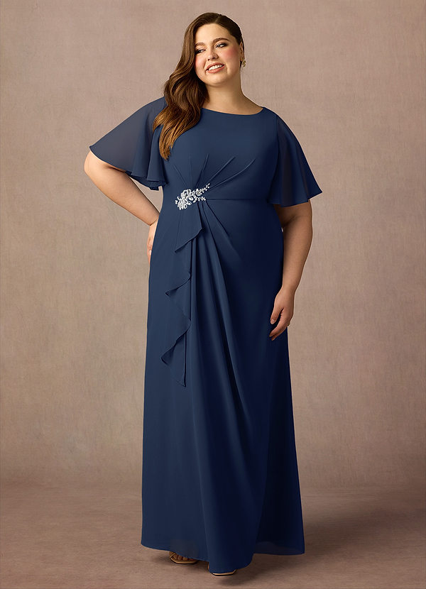 Azazie Rain Mother of the Brides Dresses Dark Navy Sheath Beaded Chiffon Dress image1