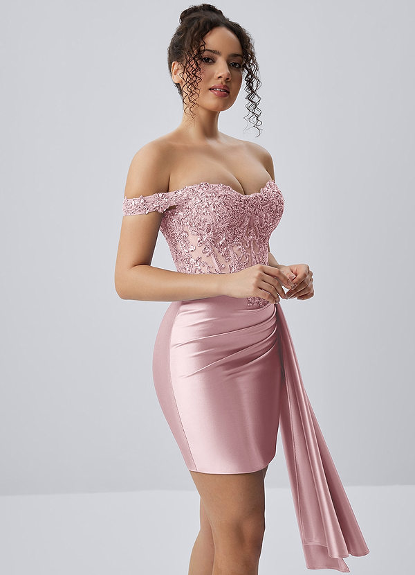 Oralien Zartrosa Minikleid mit Perlen-, Pailletten- und Rüschenbesatz, Stretch-Satin, Korsett und Schnürung image1