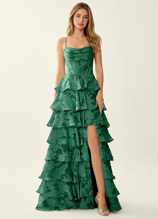 Wrenana Dark Green Textured Floral Jacquard Prom Dress image1