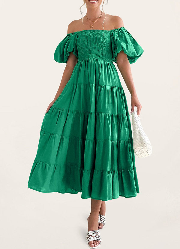 front Darwin Green Off-The-Shoulder Puff Sleeve Midi Dress