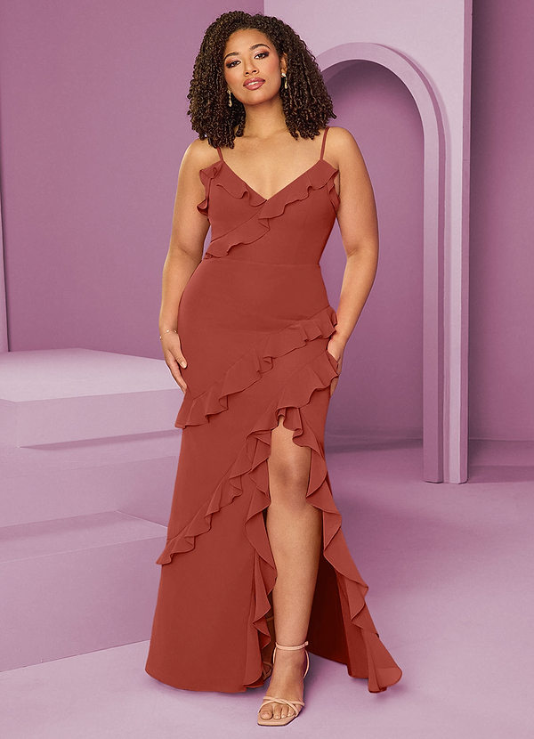 Barbie ♥ Azazie Bridesmaid Dresses Terracotta Sheath Chiffon Dress image1