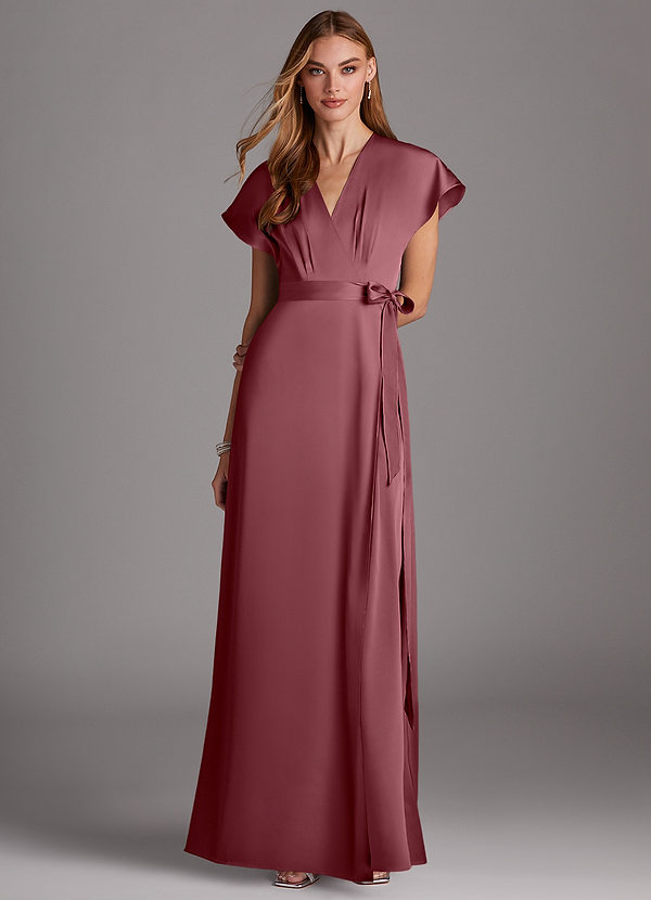 Azazie Nico Bridesmaid Dresses Desert Rose A-Line V-Neck Stretch Satin Dress image1