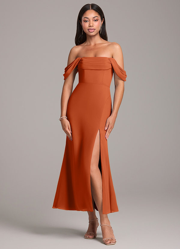 Azazie Saige Bridesmaid Dresses Burnt Orange Sheath Off the Shoulder Chiffon Convertible Dress image1