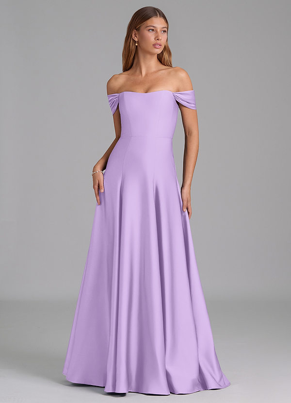 Azazie Seriana 신부 들러리 드레스 A라인 오프 더 숄더 스트레치 새틴 바닥 길이 드레스 image1