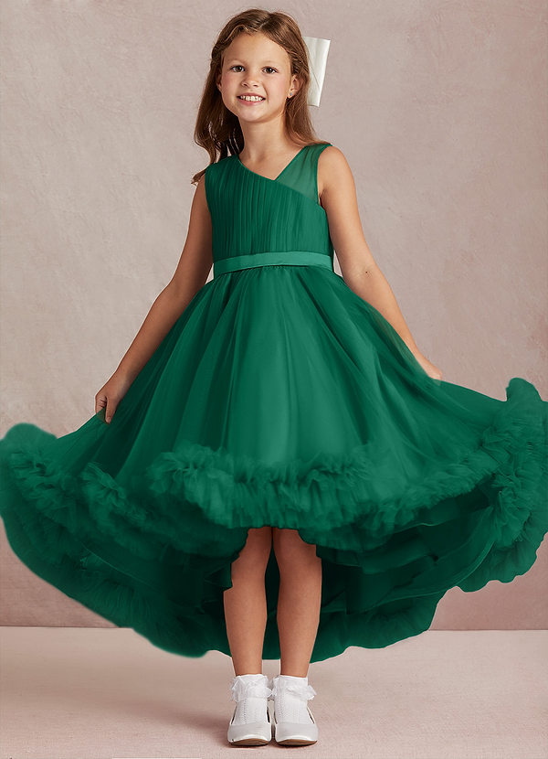 Azazie Lottie Vestidos de Niña de Flores Vestido de Esmeralda de Satén de Corte En A con Hombro unilateral image1