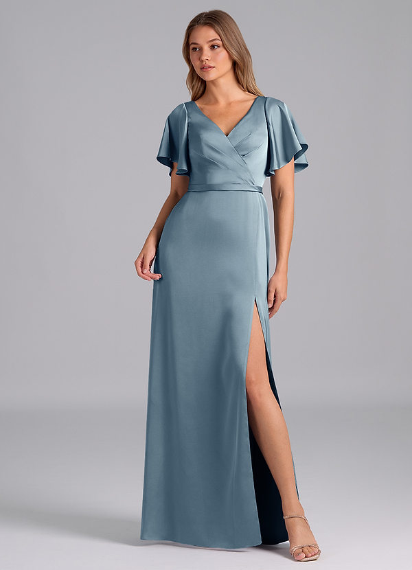 Azazie Ambrosia Brudtärneklänningar Klä av A-Linje i Stretch Satin Plisserad Dammblå image1