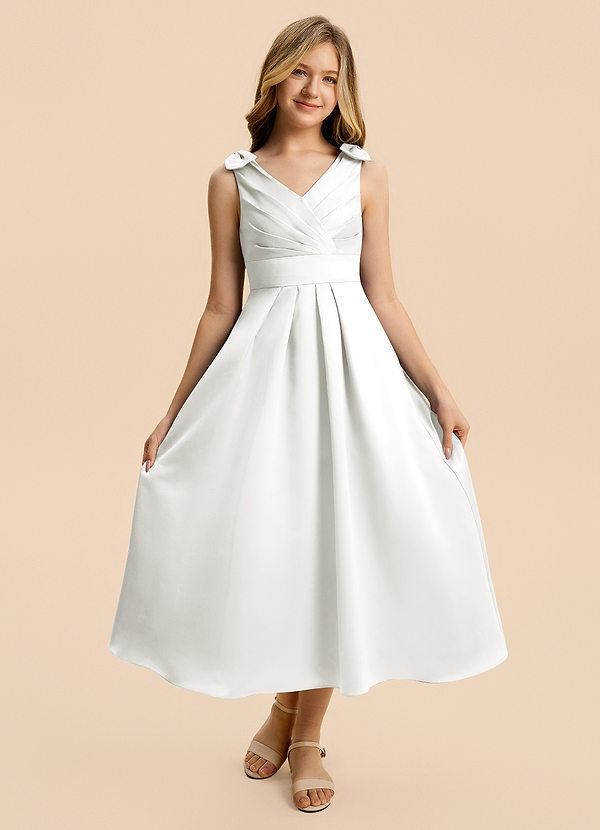 Azazie Polly Junior Ivory A-Line Pleated Stretch Satin Dress image1