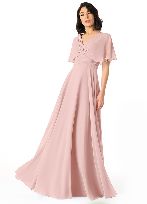 Azazie Pamela Bridesmaid Dresses Powder Pink A-Line V-Neck Pleated Chiffon Dress image1