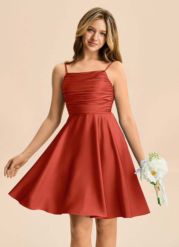Azazie Miko Junior Rust A-Line Pleated Stretch Satin Dress image1