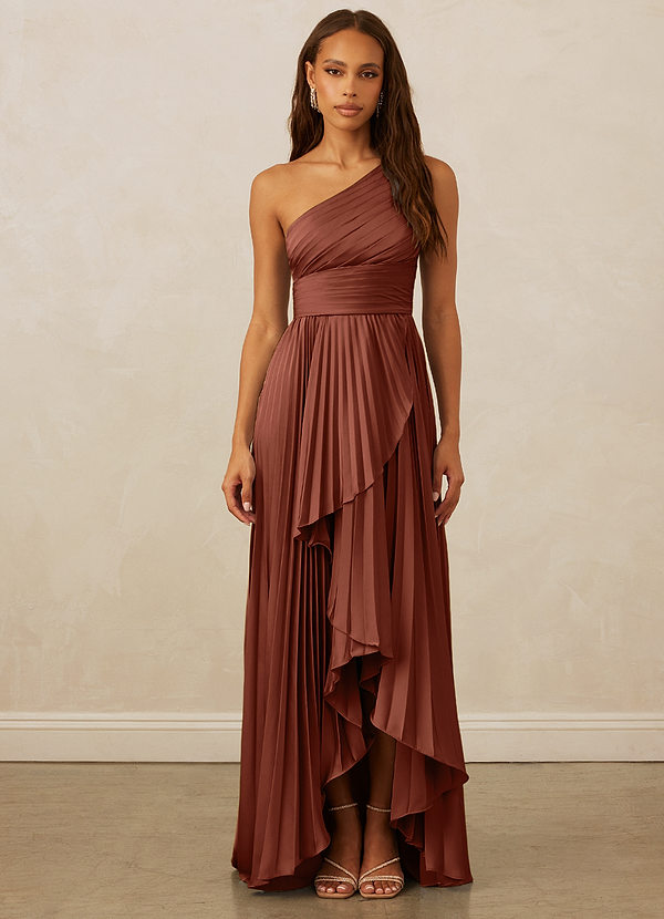 Christian Siriano Bridal for Azazie 1008 Robes Demoiselle d'honneur Robe Trapèze en Satin extensible Ue épaule Argile image1