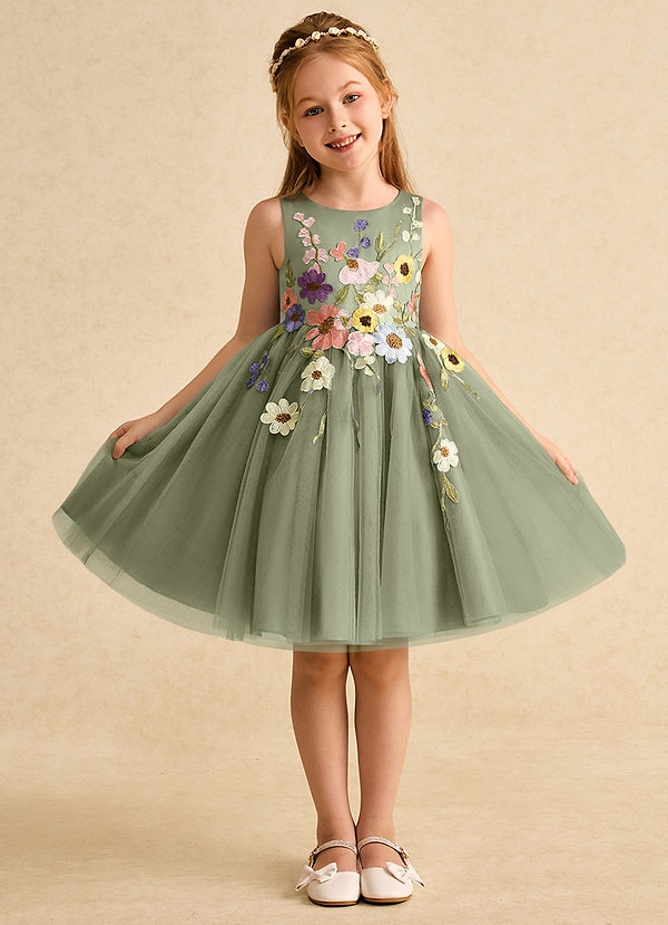 Azazie Prima Vestidos de Niña de Flores Vestido de Pistacho de Tul de Corte En A con Lazo image1