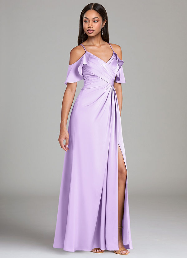 Azazie Dakota Bridesmaid Dresses Lilac A-Line Off the Shoulder Stretch Satin Dress image1