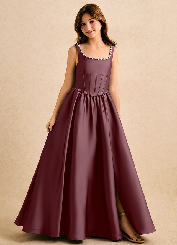 Azazie Enid Girls Formal Sukienki dla dziewczynek sypiących kwiaty Linia A Zroszony Satyna elastyczna Długość podłogi Sukienka image1