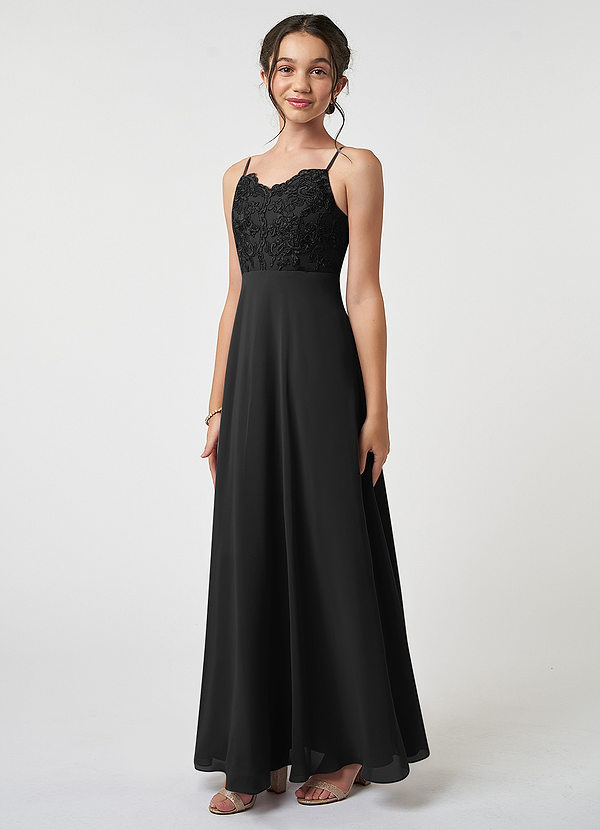 Azazie Sonya Junior Black A-Line Lace Chiffon Dress image1