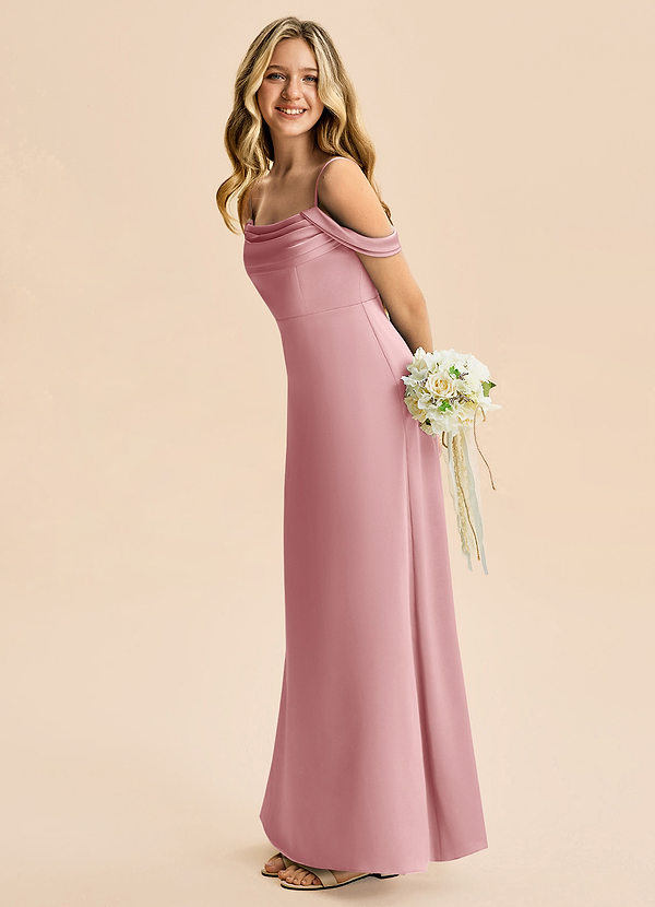 Azazie Lettie Junior A-Linie Schulterfrei Stretch-Satin Kleid Altrosa image1