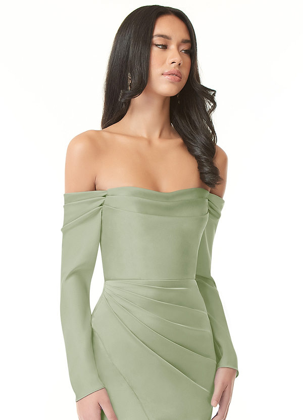 Azazie Hallie Vestidos Dama de Honor Vestido de Salvia Polvorienta de Satén Elástico de Corte Recto Convertible con Manga larga con hombros descubiertos image1