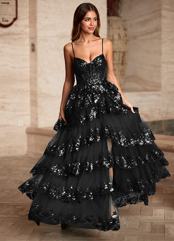 Tindra Black Sequins Ruffles Prom Dress image1