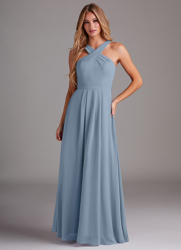 Azazie Dixie Bridesmaid Dresses Dusty Blue A-Line Halter Pleated Chiffon Dress image1