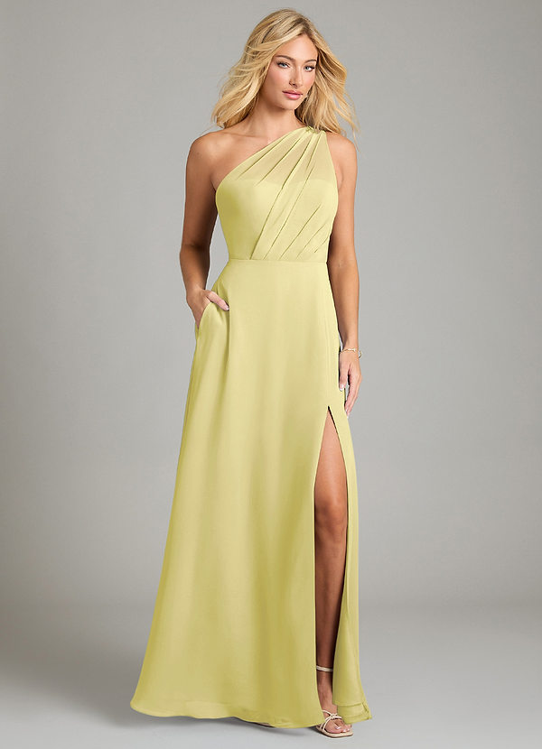 Azazie Phaedra Bridesmaid Dresses Lemon Sorbet A-Line One Shoulder Chiffon Dress image1